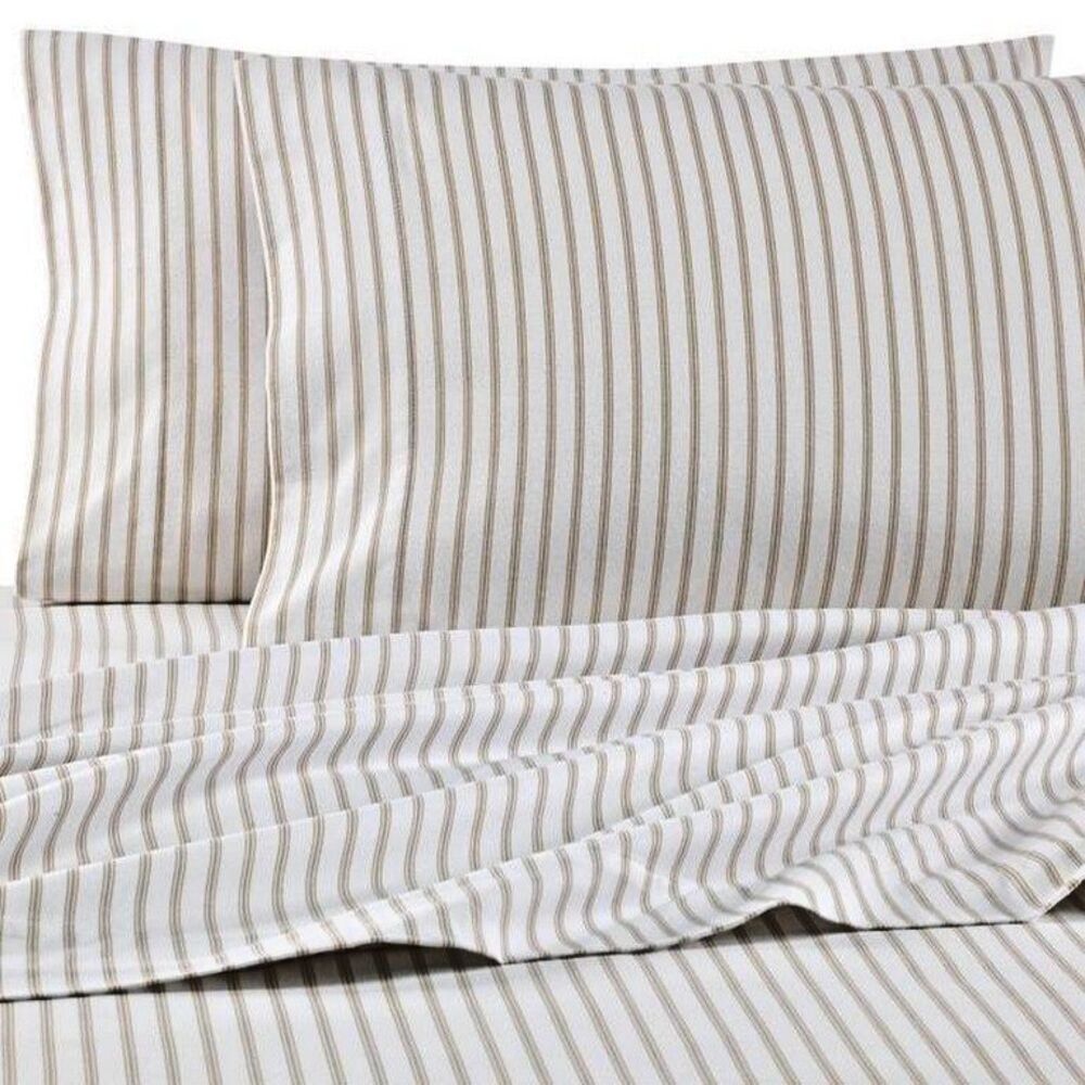Seasons Luxury Twin Flannel Sheet Set Taupe Ivory Ticking Stripe Bedding